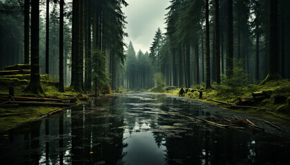 Sticker - The tranquil scene of a foggy forest reflects natural beauty generated by AI