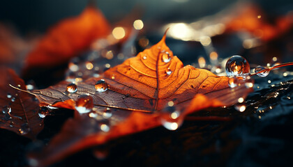 Poster - Vibrant autumn colors reflect in wet leaves, creating natural beauty generated by AI