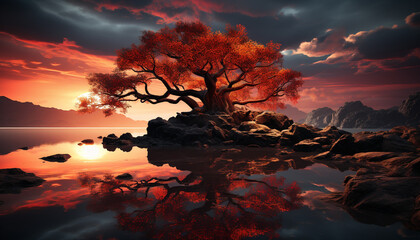 Wall Mural - Silhouette of tree reflects in tranquil water, dusk beauty generated by AI