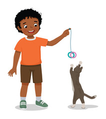 Poster - Cute little African boy pet lover playing with his cat