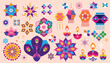 Traditional Indian festival Diwali. Happy Festival of lights Deepavali  set icons Collection decor elements  Festive Burning diya graphic design background Vector abstract flat illustration