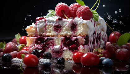 Poster - Freshness of summer berries, gourmet dessert on wooden plate generated by AI