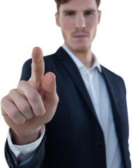 Poster - Digital png photo of serious caucasian businessman pointing finger on transparent background