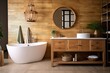 Interior of stylish bathroom with wooden cabinet, sink, bathtub, and mirror.