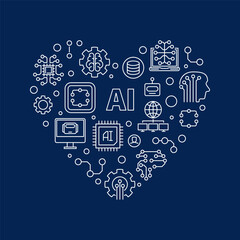 Poster - AI Artificial Intelligence concept vector outline heart shaped banner or illustration