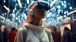 © visoot - A shopper navigating through a virtual reality store, exploring the future of immersive e-commerce, Concept of online shopping experiences.