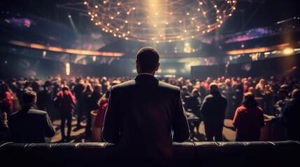 Aufkleber - Businessman participating in a blockchain conference in a virtual event space, back view.