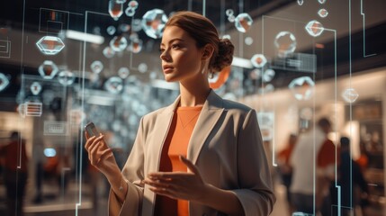 Poster - Woman virtual marketplace where navigate through a 3D shopping environment, selecting products using augmented reality, Concept of online shopping experiences.