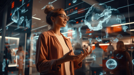Poster - woman virtual marketplace where navigate through a 3d shopping environment, selecting products using