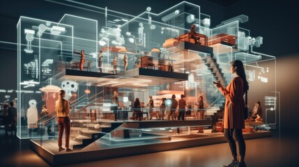 Fototapete - Woman virtual marketplace where navigate through a 3D shopping environment, selecting products using augmented reality, Concept of online shopping experiences.