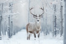 Male Roe Deer Portrait In The Winter Forest. Animal In Natural Habitat. Wildlife Scene. Snow Fell On The Trees.