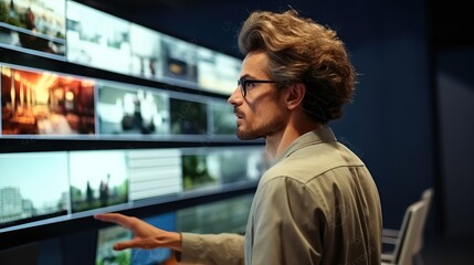 Poster - Professional developer standing and looking at computer displays for tracking operation system.