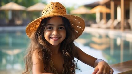 Poster - Indian little girl standing on swimming pool background