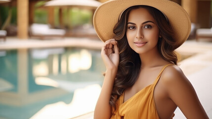 Wall Mural - Indian beautiful woman sitting near swimming pool