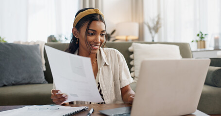 Poster - Woman, work from home and documents on laptop for online research, financial planning and data report. Young worker or freelancer typing on her computer with paperwork, bills and taxes in living room