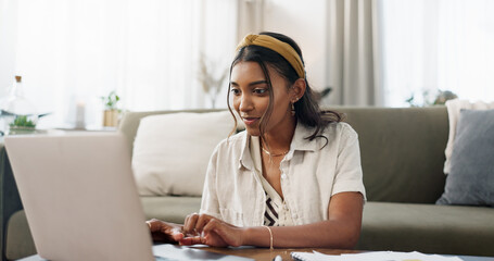 Aufkleber - home, woman typing on laptop and remote work, internet search or blog in living room. computer, smil