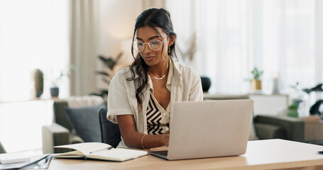 Poster - Woman with laptop, notes and typing in home office planning freelance research project at desk. Computer, internet search and thinking, girl with glasses writing online article for remote work job.