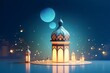 illustration of eid Mubarak night with light of a lamp, paper style, luxury happy Eid background.