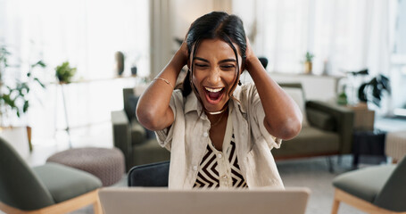 Wall Mural - Excited woman, laptop and surprise for winning, bonus promotion or good news at home office. Shocked female person or freelancer smile in wow or omg for lottery, prize or sale discount on promo deal