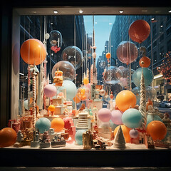 Wall Mural - Shop window with balloons and gifts for Christmas