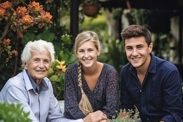 Big family together. Family photo of joyful children and old people. Children and grandchildren visit elderly parents. Family traditions and values. Friendly family. Caring for the elderly.