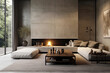 Minimalist style interior design of modern living room with fireplace and concrete walls