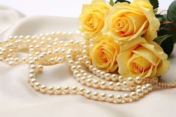 Wall Mural - Yellow roses bouquet and pearls,in white background.