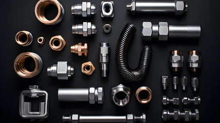 Wall Mural - Top view of the plumbing equipment on a black background