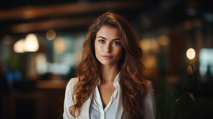 Portrait of a pretty stylish woman in a light suit inside a loft room