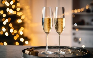 Glasses with champagne on the background of Christmas decorations.