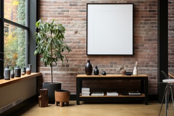 Wall Mural - A blank mockup frame is positioned on a brick wall by the window in a sunlit loft with a rustic ambiance, creating a warm space for showcasing artwork. Photorealistic illustration