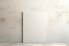 A blank white mockup canvas rests on the floor against a white wall, presenting a minimalist and clean setting for showcasing artwork or photographs. Photorealistic illustration