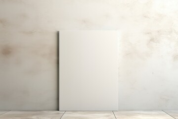 Wall Mural - A blank white mockup canvas rests on the floor against a white wall, presenting a minimalist and clean setting for showcasing artwork or photographs. Photorealistic illustration