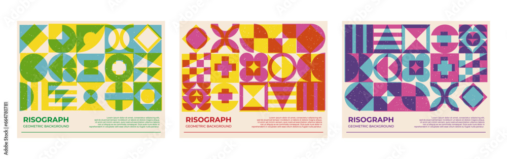 Poster collection with riso print effect. Abstract geometric shapes ...