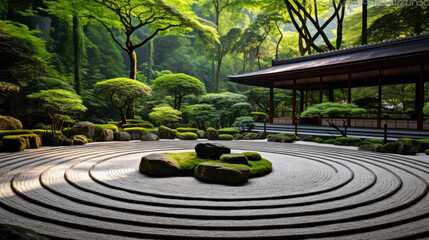 Wall Mural - Zen Retreat at a Japanese Resort: 3D Rendered Interior Design Concept with a Medical Mindful Wellness and Tranquil Zen Garden, Set against a Natural Background, Ideal for Relaxation, Travel