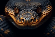 Close-up Of Calm Snake Face Isolated On Dark Background