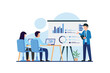 Employees meeting for business training. Businessman presenting charts and reports. Vector illustration for business presentation and education concept