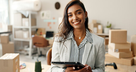 Poster - Woman, tablet and happy portrait in office at work, package company and supply chain by logistics expert. Manager, face and business with professional in e commerce career, shipping and job success