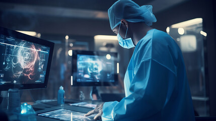 Doctor in blue coat is working in futuristic hospital