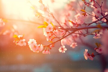 Spring blossom background. Nature scene with blooming tree and sun flare.