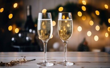 Glasses with champagne on the background of Christmas decorations.