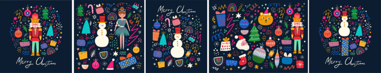 Wall Mural - christmas decorative collection with gifts, funny nutcracker and santa claus