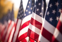 Closeup Of An American Flag In A Row.