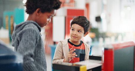 Poster - Young students, classroom and science equipment for education, experiment and learning with toys. Boy, academy and collaboration at problem solving with discussion, school and listening to knowledge