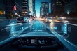 Modern smart car technology intelligent system using Heads up display (HUD) Autonomous self driving mode vehicle on city road with graphic sensor radar signal system intelligent car.