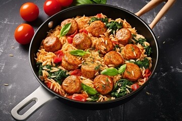 A wholesome one-pot lunch of orzo pasta with meatballs, spinach, and tomato sauce cooked in a frying pan on a light background. Top view. Generative AI