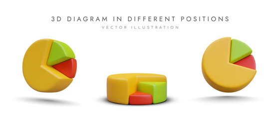 Fototapete - 3d diagram in different positions. Pie chart with tick marks in yellow, green and red colors. Concept of sale. Vector illustration in 3d style with place for text
