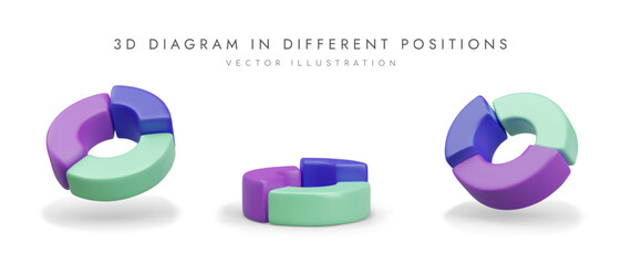 Fototapete - 3d colorful diagram in different positions. Poster with charts in blue, purple and green colors with place for text. Concept of sale. Vector illustration in 3d style