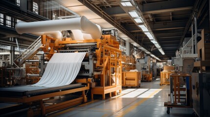 Textile industrial sewing machines at work in a factory, weaving a fabric manufacturing plant