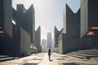 Woman walking in futuristic brutalist city street.